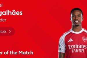 8次解围！英超官方：加布里埃尔当选阿森纳2-0埃弗顿全场最佳