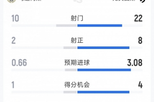 尤文1-0乌迪内斯全场数据：射门22-10，射正8-2，得分机会4-1