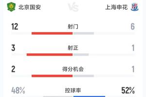 国安1-1申花全场数据：射门12-6，射正3-1，控球48%-52%