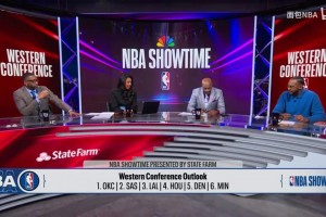 演播室的氛围快活了起来！当甜瓜说火箭能进西决之后…